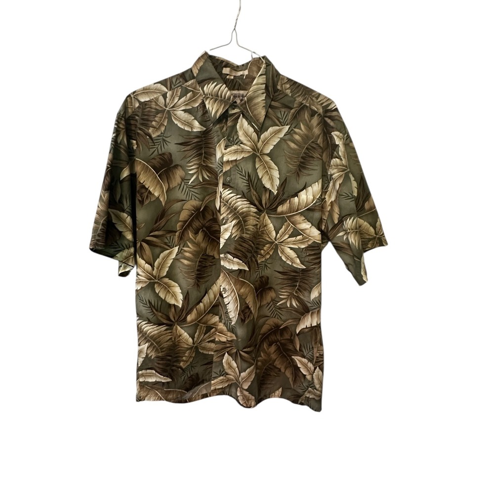 CAMPIA Tropical Leaf‎ Print Button Up Short Sleeve Hawaiian Shirt